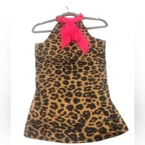 Crazy Train Women’s Sleeveless Top Animal Print Hot Pink Trim Ties in Back